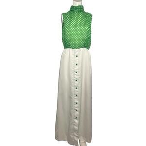 Vintage 60s 70s Green Polka Dot Maxi Dress Mod High Neck Ivory Skirt SMALL